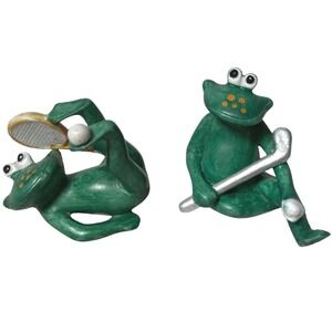 Ceramic Frog Figurines Playing Sports Tennis Golf Decor Set of 2 Boho Whimsical
